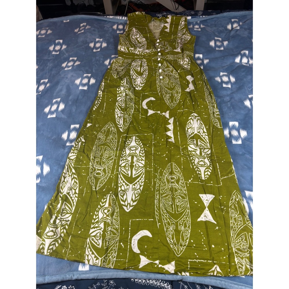 Vintage Sears Hawaiian Fashions Green Tiki Mask Tribal Maxi Dress Sleeveless